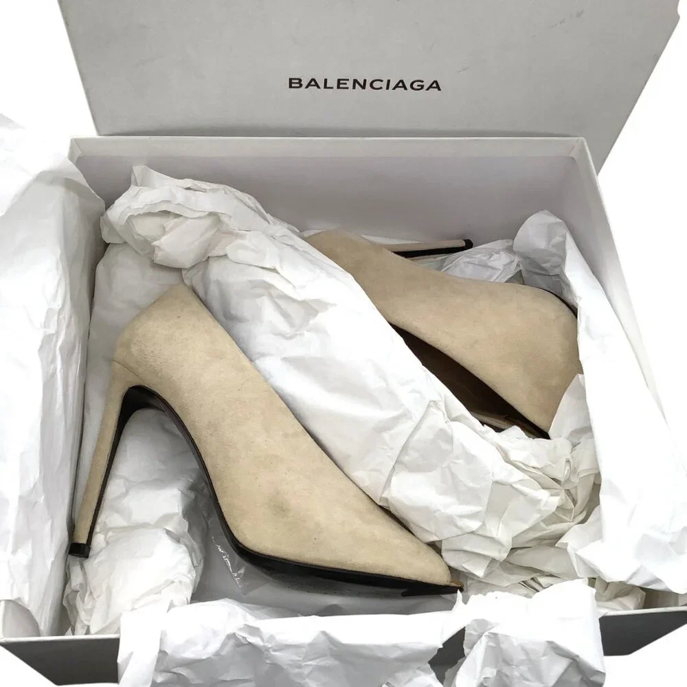 BALENCIAGA Split Vamp Stiletto Pumps 36 6 Booties Peep Toe Suede Neutral Beige